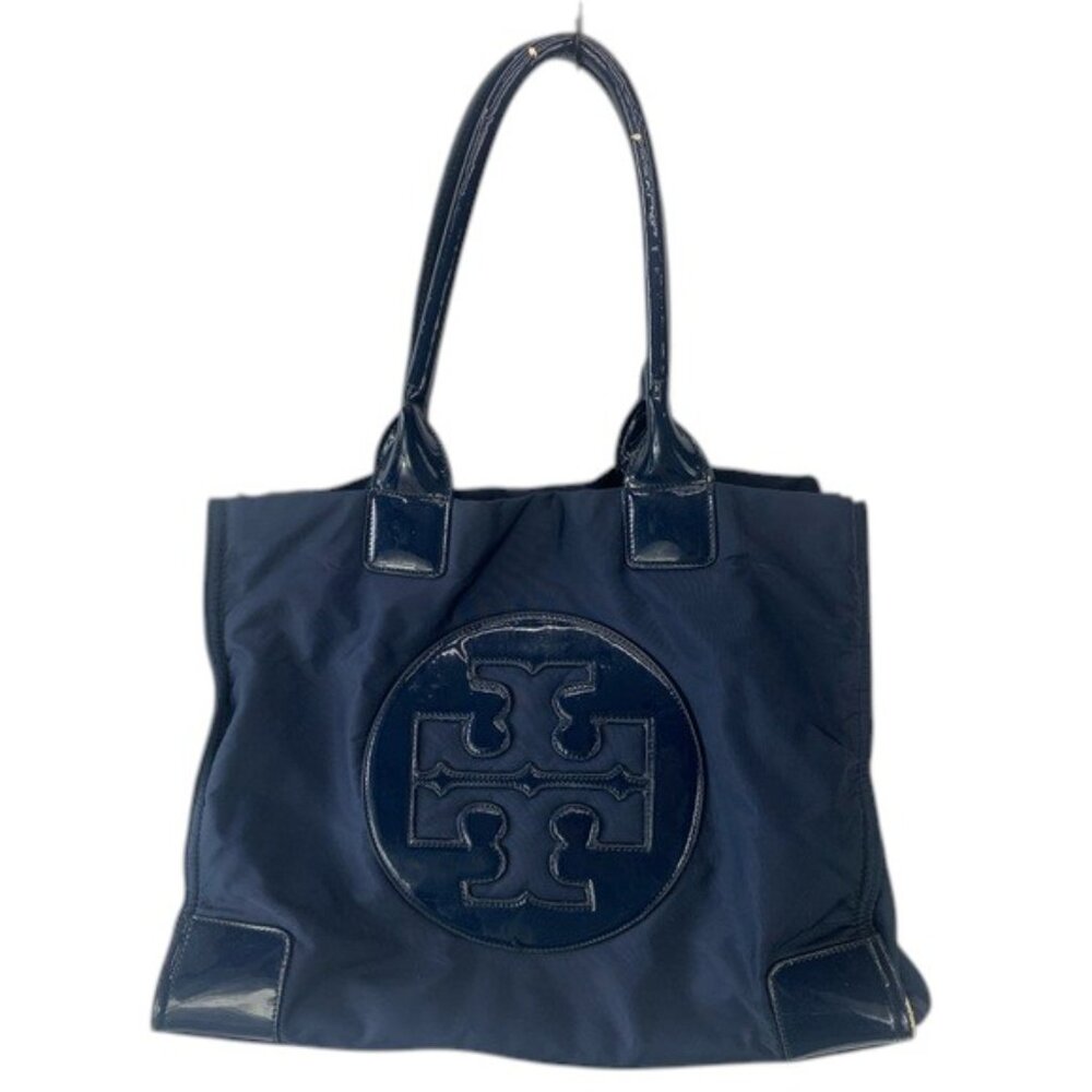 Tory Burch Ella Tote Women’s L Navy‎ Blue Leather Trimmed Carryall Handbag Logo